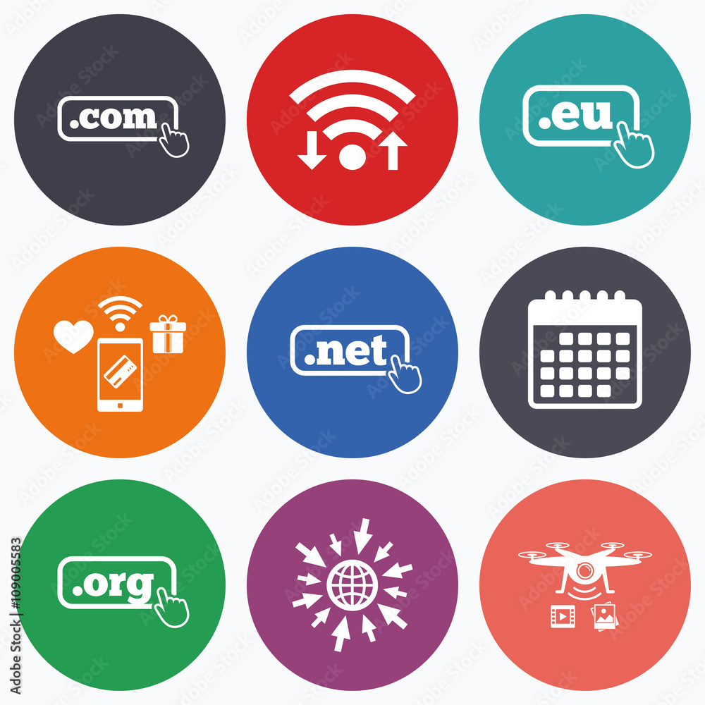 Top-level domains signs. Com, Eu, Net and Org. Top-level domains signs. Com, Eu, Net and Org.