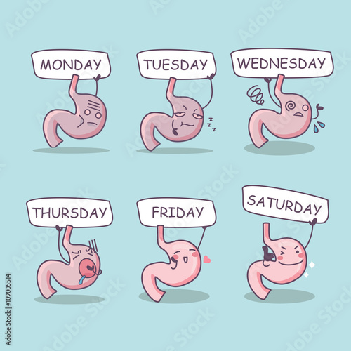 cartoon stomach with week billboard