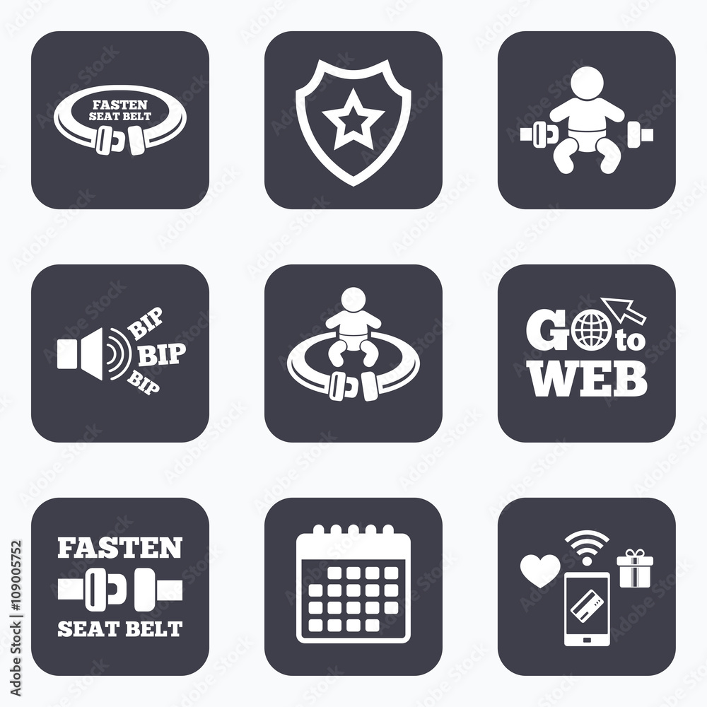 Fasten seat belt signs. Child safety in accident Fasten seat belt signs. Child safety in accident