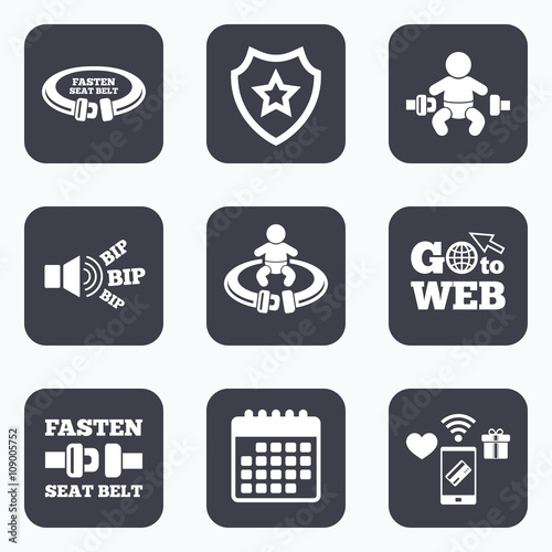 Fasten seat belt signs. Child safety in accident