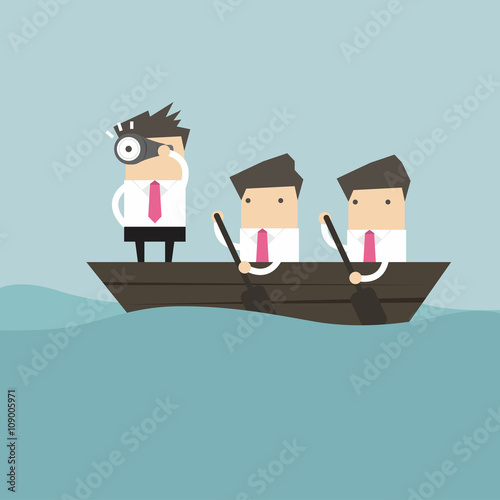Businessmen in rowing boat two rowers one captain manager boss leader.
