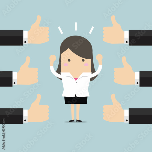 Businesswoman and many hands with thumbs up. Likes and positive feedback concept.
