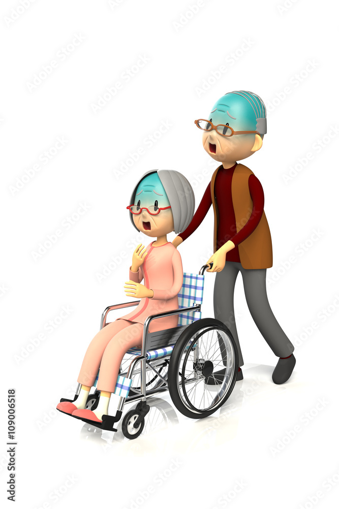 夫に車いすを押してもらう老婦人 夫に車いすを押してもらう老婦人