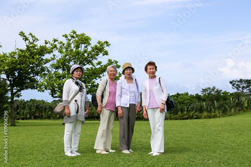 緑の芝生の上に立っている高齢者女性