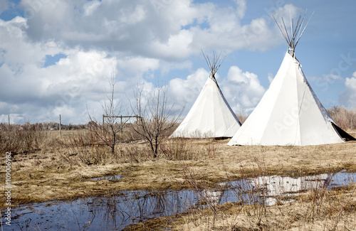 horizontal image of two large tipi's sitting on a field of dead grass and water puddles under a blue sky with white clouds in the spring time. © nat2851terry