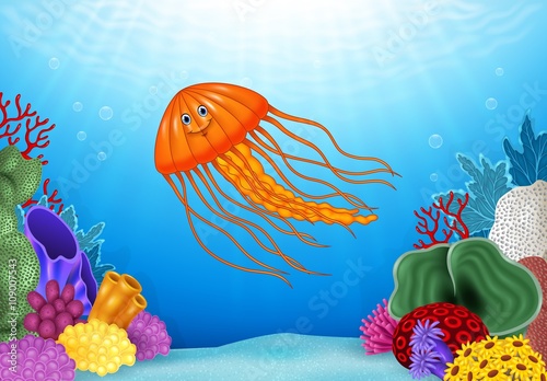 Fototapeta Naklejka Na Ścianę i Meble -  Cartoon jellyfish with beautiful underwater world