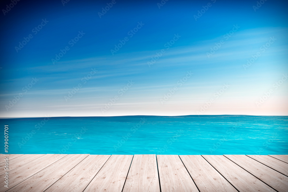 Blue Sea with Wooden Pier. 3d Rendering