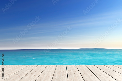 Blue Sea with Wooden Pier. 3d Rendering