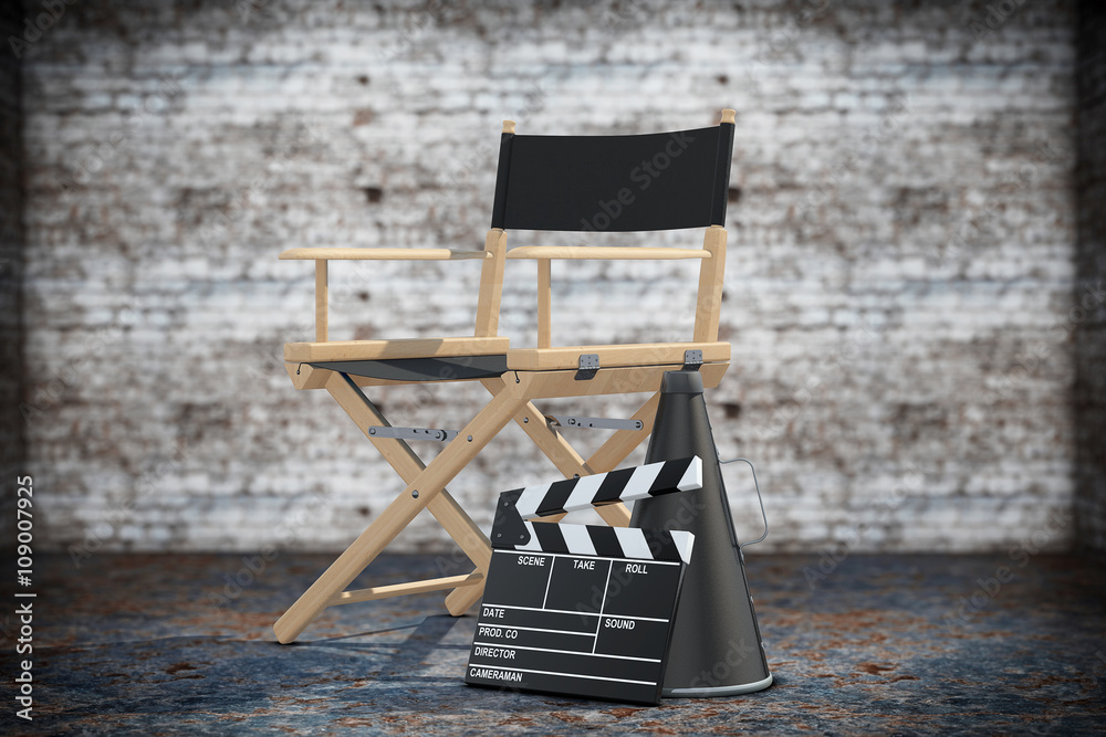 Fototapeta premium Director Chair, Movie Clapper and Megaphone. 3d Rendering
