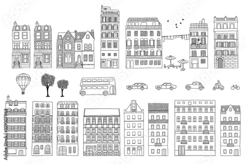 Collection of hand drawn European style houses