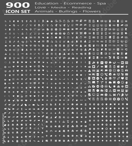 900 icon set (education,ecommerce,spa,love,media,reading,animals,building,flowers)