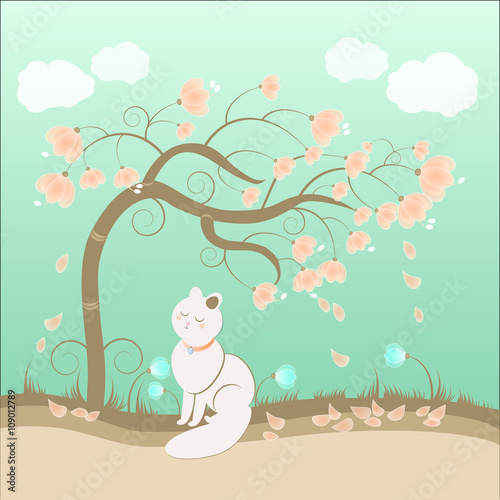 Spring tree and white cat