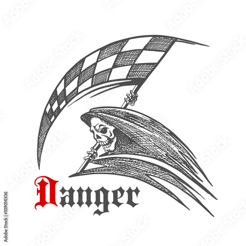 Skeleton or grim reaper with racing flag symbol