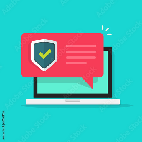 Internet security concept vector illustration isolated on blue, laptop security message bubble speech, shield checkmark icon, privacy, online protection, flat cartoon, antivirus sign, modern design