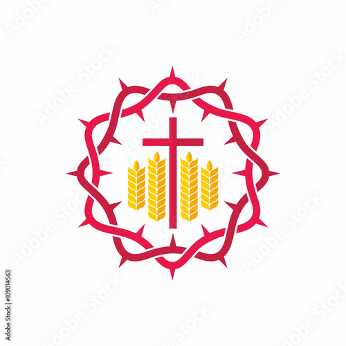 Church logo. Christian symbols. Crown of thorns, cross and wheats.