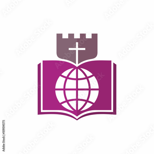 Church logo. Christian symbols. Fortress my God, globe, cross.