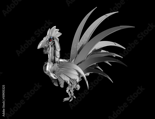 Rooster robot on a black background. The symbol of the new year
