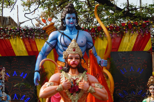 View of Hindu gods Hanuman and Rama in a temporary pandal during Hanuman Jayanti festival 