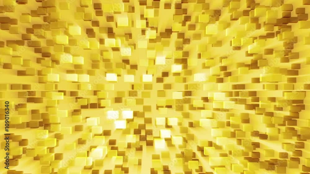 Abstract looped animated background based on the movement of golden-orange cubes of crystals gathering and disintegrating into a wall consisting of bricks with the source of light and refraction Abstract looped animated background based on the movement of golden-orange cubes of crystals gathering and disintegrating into a wall consisting of bricks with the source of light and refraction