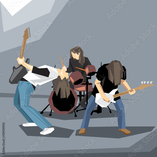 Rock music band performing on stage, with guitars and drums digital vector image