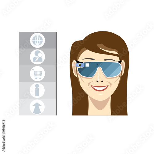 Virtual reality glasses on a smiling female head with brown hair with apps and functions icons on a white background, digital vector image