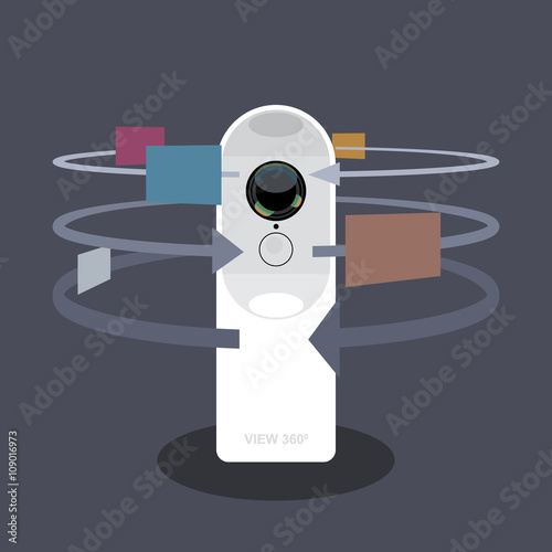 A white 360 degree camera video recorder with apps and functions icons, digital vector image