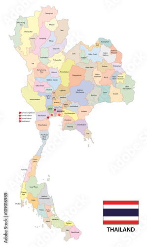 administrative vector map of the kingdom of thailand with flag