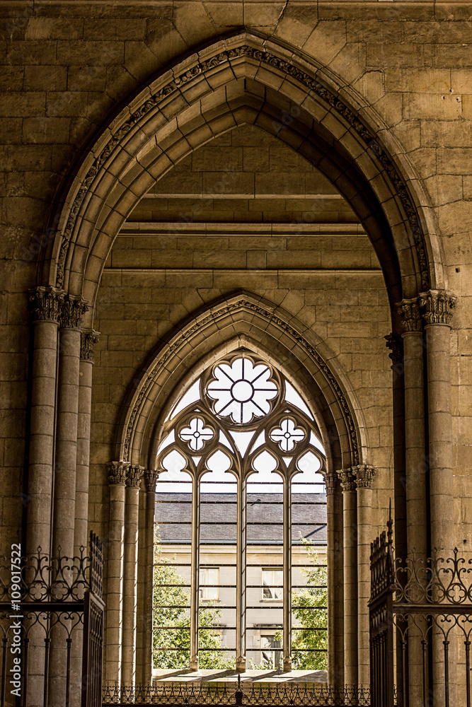 View from inside at the arched window of Gothic cathedral Basilique Cathédrale Sainte-Croix d'Orléans