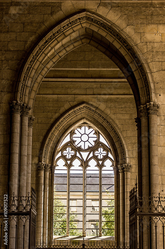 View from inside at the arched window of Gothic cathedral Basilique Cath  drale Sainte-Croix d Orl  ans