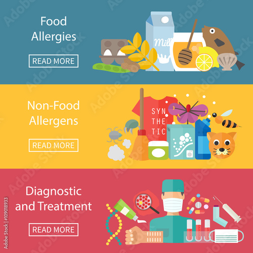 Allergies infographics set with allergens diagnostics and allergy treatment.