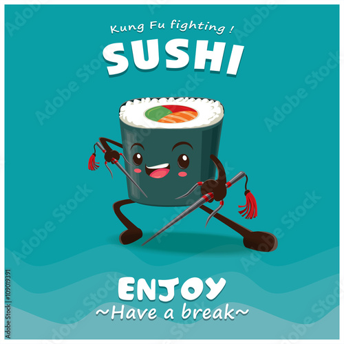Vintage Kung Fu Sushi poster design with vector sushi character