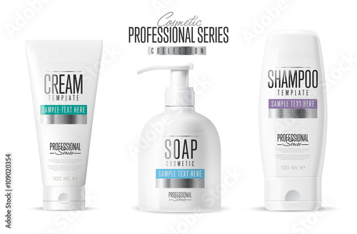 Body care, professional series. Cosmetic brand concept. Minimal design style. Tube cream, soap bottle, shampoo packing. Vector template. Realistic cosmetic packaging isolated on white background.