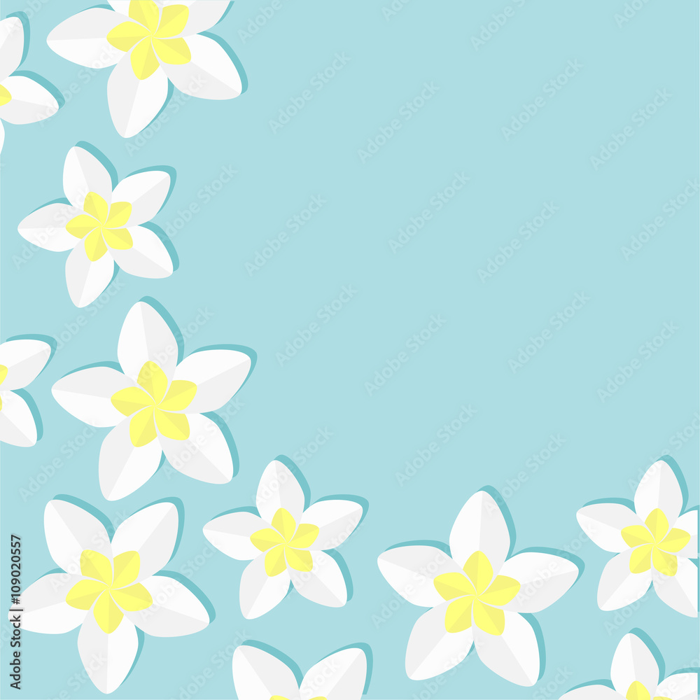 Plumeria Tropical flower icon set. Frangipani  Hawaii, Bali plant Flower frame corner. Blue background. Flat design