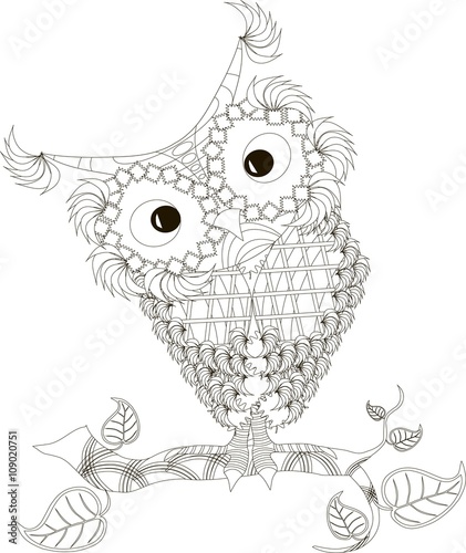Zentangle stylized owl black and white hand drawn, vector illustration