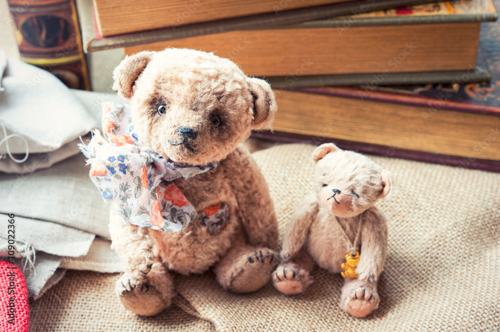Family of two vintage handmade sweet teddy bear toys