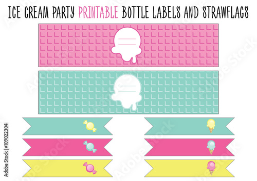 Bottle label and strawflags. Ice cream party