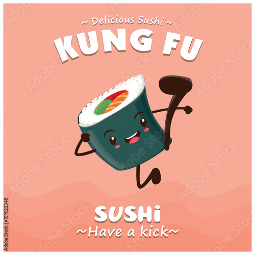 Vintage Kung Fu Sushi poster design with vector sushi character