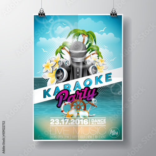 Vector Flyer illustration on a Summer Karaoke Party theme with microphones and ribbon on ocean landscape background.