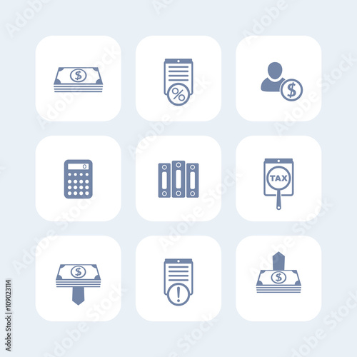 Bookkeeping, finance, payroll icons isolated on white, payroll pictogram, bookkeeping sign, vector illustration