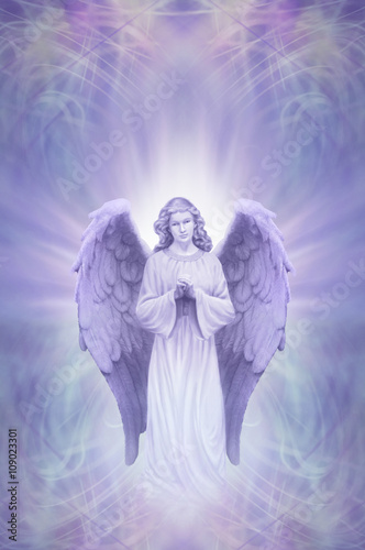 Photos Guardian Angel on Ethereal lilac blue  background - praying angel with white aur