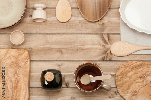 Cooking Tools. Kitchenware. Olive Wood Chopping Board. Top View.