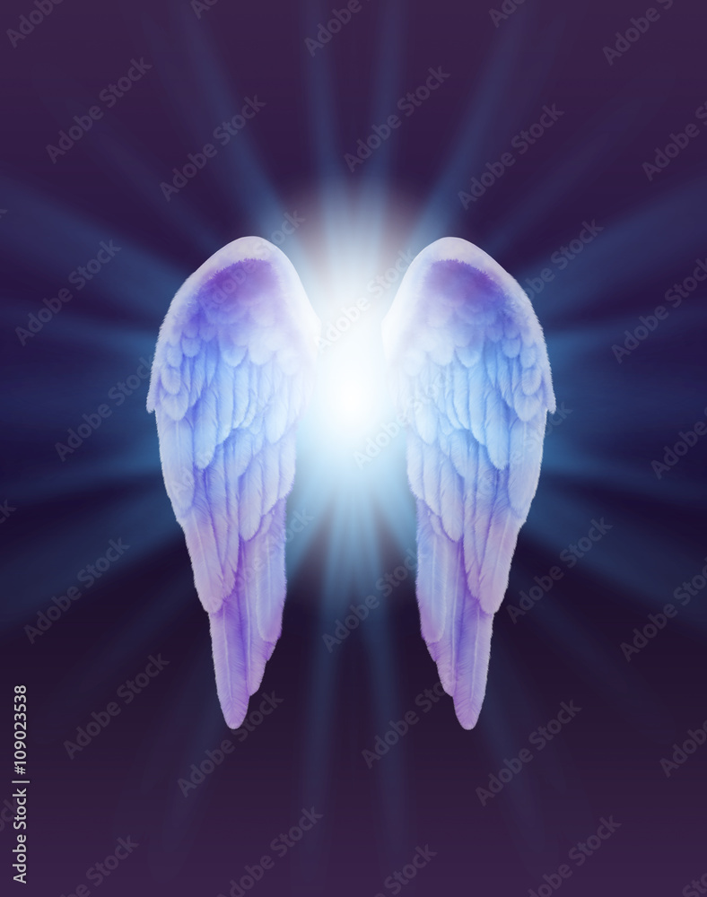 Blue and Lilac Angel Wings - a pair of finely feathered Angel Wings with a  bright white light bursting between radiating outwards subtle blue on a  dark purple and black background Stock