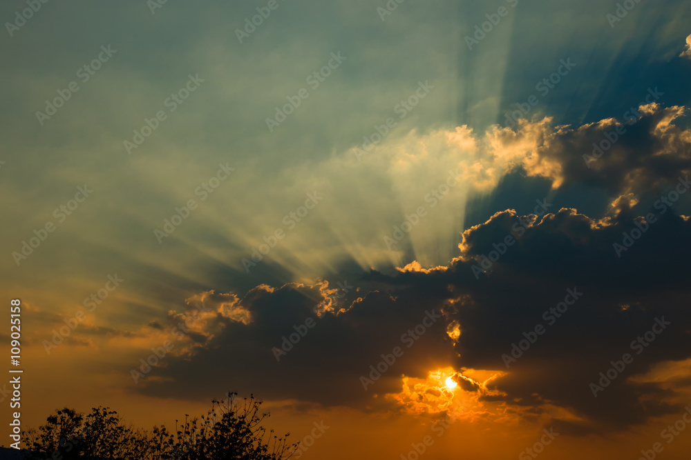 Beautiful sky with clouds and sun rays