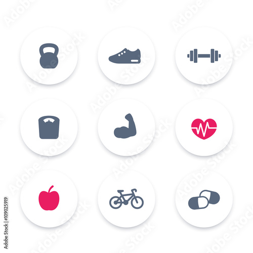 Fitness icons, simple fitness pictograms, signs, round icons, vector illustration