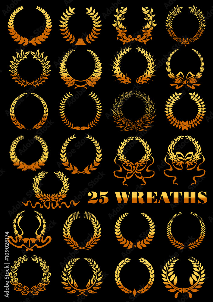 Heraldic golden wreaths with flowers and ribbons Heraldic golden wreaths with flowers and ribbons