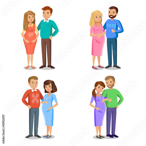 Set of typical family in love, expectant parents, pregnant woman