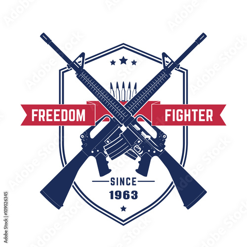 Freedom fighter, vintage t-shirt design with american assault rifles, automatic guns isolated over white, vector illustration