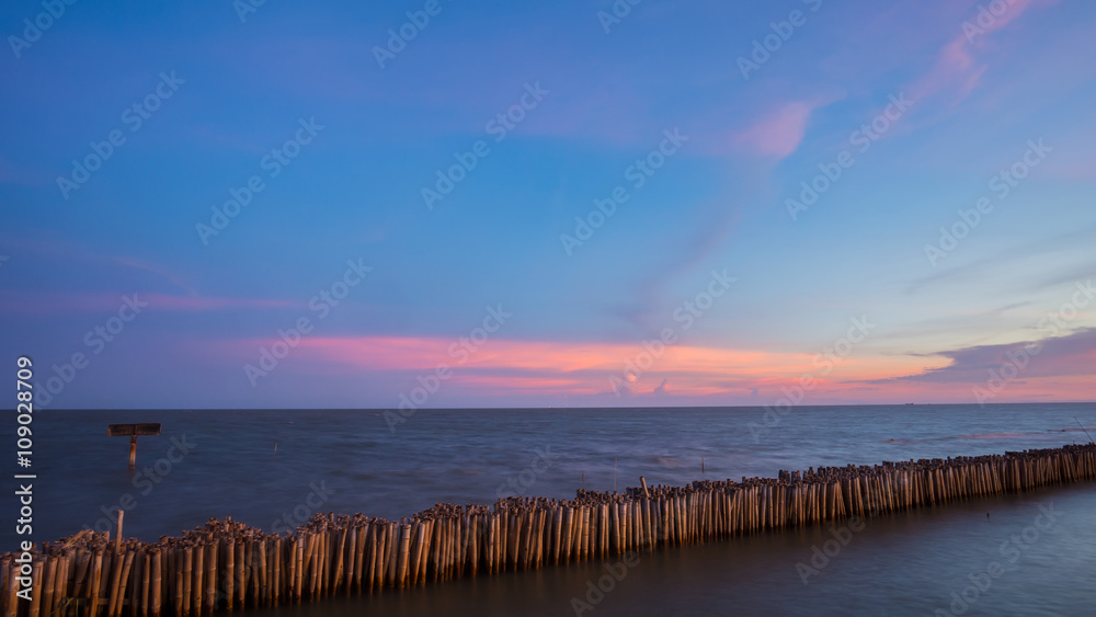 Wooden fence protecting  Mangrove  forest in twilight atmosphere  in the countryside , Thailand