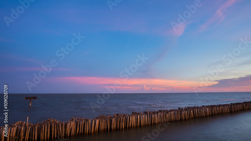 Wooden fence protecting  Mangrove  forest in twilight atmosphere  in the countryside   Thailand