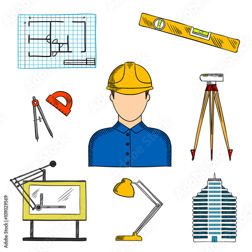 Architect or engineer with construction symbols